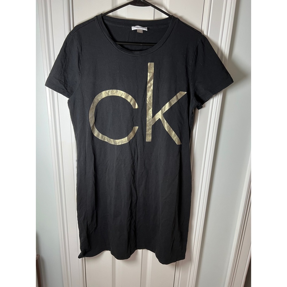 Calvin Klein Womens Black Gold Metallic Logo T-Shirt Dress Size Large
